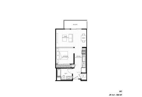Floor plan for 1 bed, 1 bath, 566 sqft